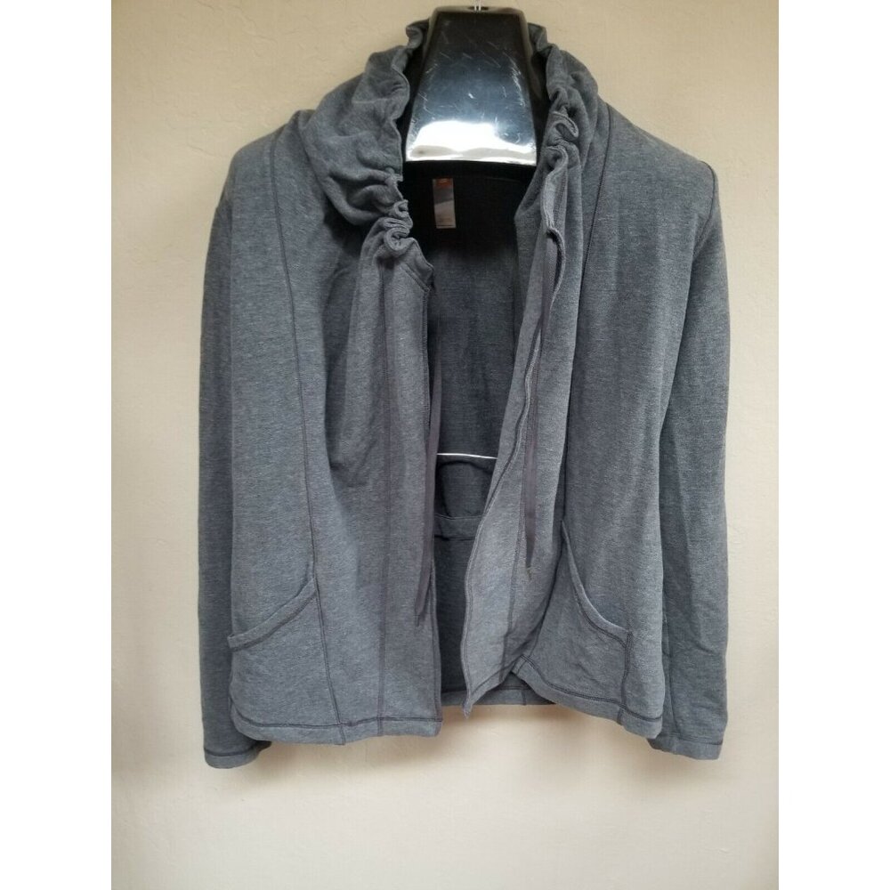 Gray Lucy Womens Large Drawstring Cowl Neck Cardigan Sweater Pockets Long Sleeve